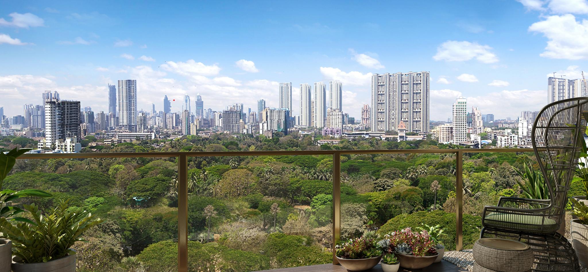 Private balcony view from a luxury apartment at Piramal Aranya, Byculla, South Mumbai