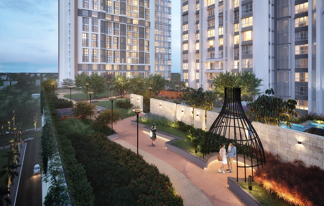 Podium with landscaped surroundings at Piramal Revanta
