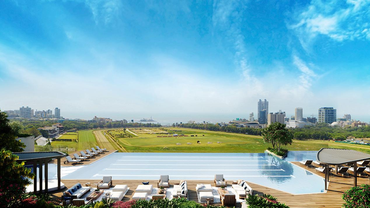Piramal Mahalaxmi's infinity-edge pool overlooking the Mahalaxmi Racecourse and the Arabian Sea