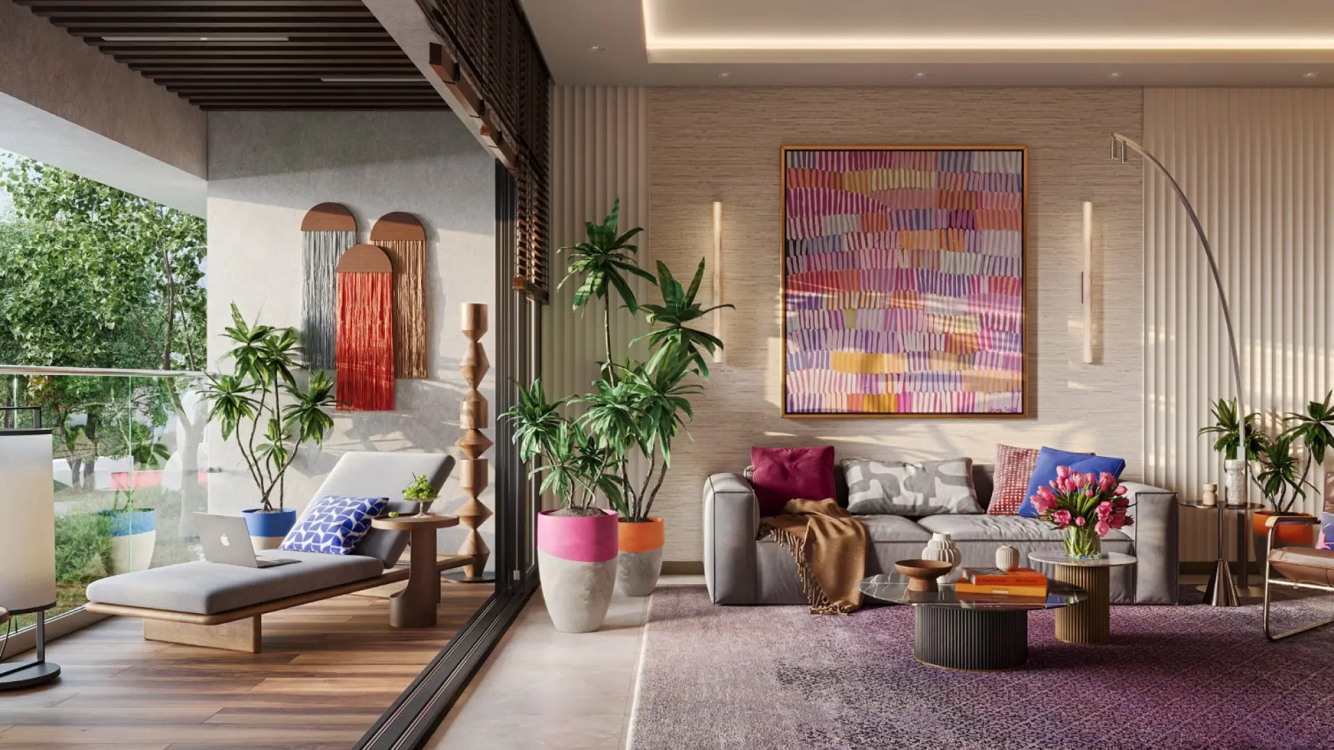 Furnished living room with a window-side lounge in the Piramal Aranya presentation.